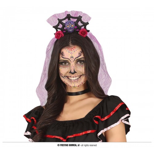DIADEMA CALAVERA CON VELO LILA