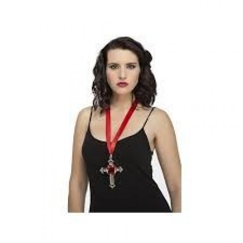 COLLAR CINTA ROJA CRUZ PLATA GOTICA