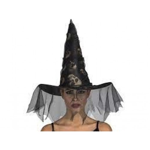 SOMBRERO BRUJA NEGRO VELO CALAVERA