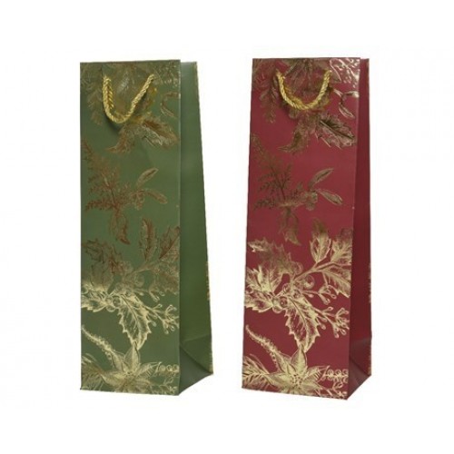 BOLSA 1BOTELLA ROJA/VERDE HOJA ORO 12X36