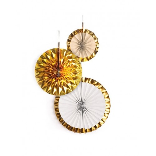   3 ABANICOS METAL ORO 18/30/38CM