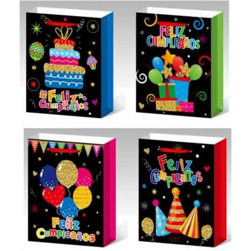 BOLSA NEGRA FELIZ CUMP. 26X32CM  