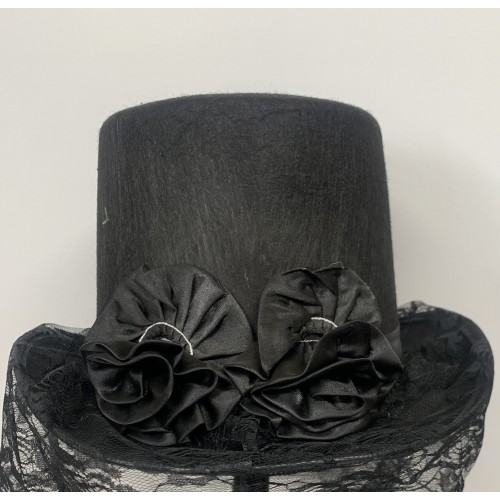 SOMBRERO COPA NEGRO C/VELO Y ROSA NEGRA