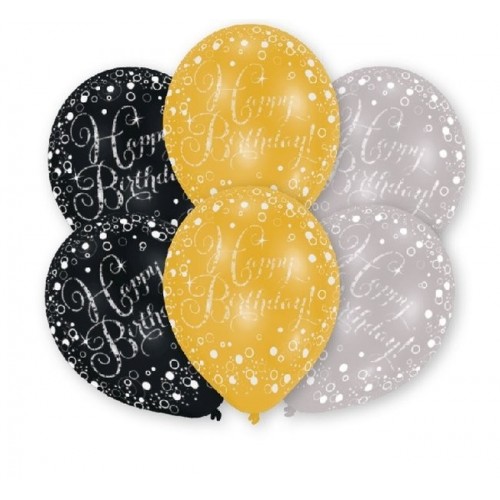 6 GLOBOS 11" LATEX BIRTHDAY NGR/ORO/PLAT