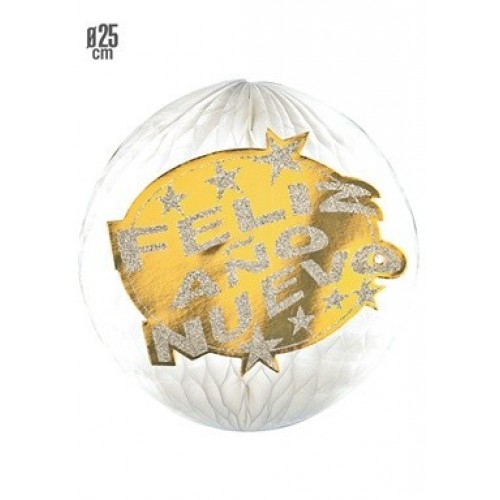 BOLA C/CARTEL FELIZ AÑO NUEVO ORO 25CM