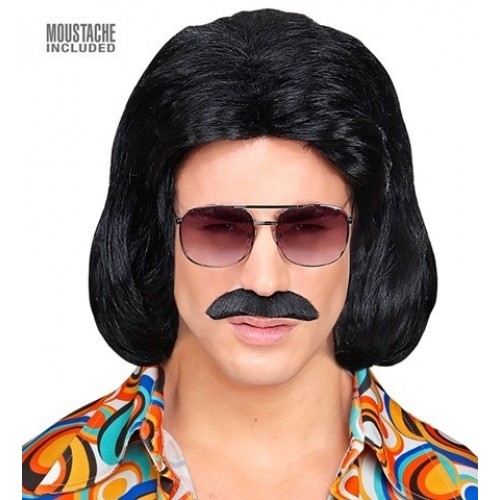 PELUCA HOMBRE NEGRA C/BIGOTE AÑOS 70