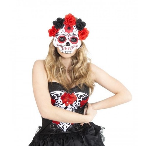 MASCARA CATRINA CON FLORES ROJAS/NEGRAS