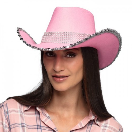 SOMBRERO VAQUERO ROSA LENTEJUELAS PLATA