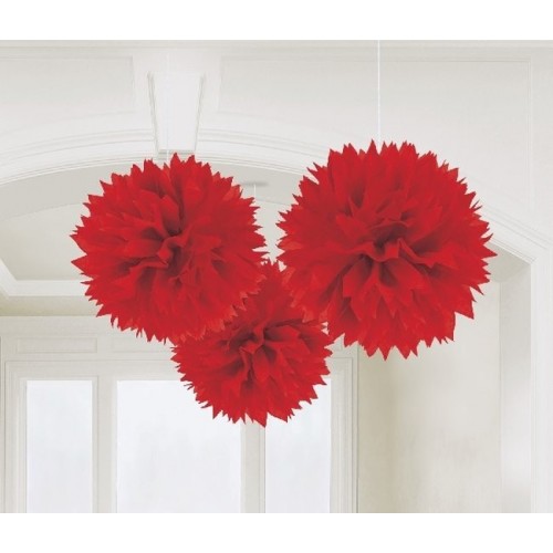   3 COLGANTES POMPONES ROJOS 40CM