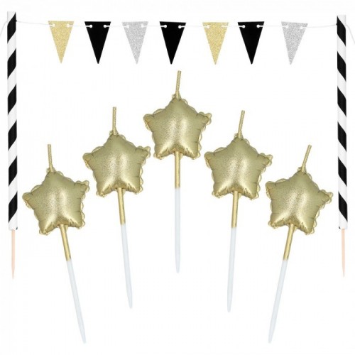 KIT DECORACION TARTA VELAS ESTRELLAS ORO