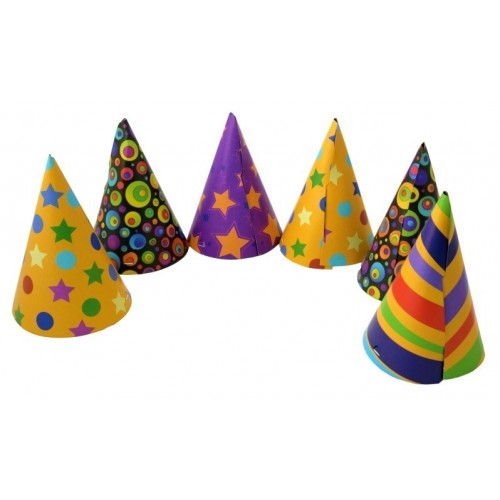 6 SOMBRERO CONO MULTICOLOR 15CM