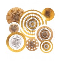 8 ABANICOS BLANCO METAL ORO 20/30/40CM