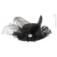 MINI SOMBRERO RASO NEGRO PLUMA PIEDRA
