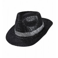 SOMBRERO FEDORA NEGRO GLITTER TIRA PLATA