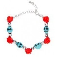 PULSERA CALAVERAS AZULES C/ROSAS ROJA
