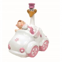 HUCHA COCHE CIGUEÑA BEBE ROSA 14CM