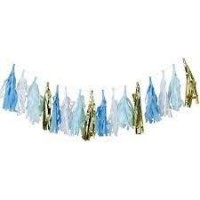 GUIRNALDA POMPONES BLANCO/AZUL/ORO 2M