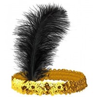 DIADEMA DE LENTEJUELAS DORADA CON PLUMA