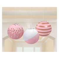   3 FAROLILLOS REDONDO ROSA ORO 24CM
