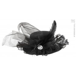 MINI SOMBRERO RASO NEGRO PLUMA PIEDRA