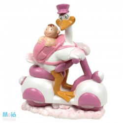 FIGURA CIGUEÑA BEBE MOTO ROSA 15CM