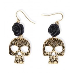 PENDIENTES CALAVERA ORO C/FLOR NEGRA