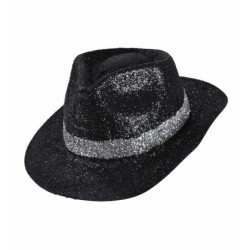SOMBRERO FEDORA NEGRO GLITTER TIRA PLATA