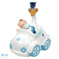 HUCHA CIGUEÑA BEBE COCHE AZUL 16CM