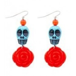 PENDIENTES CALAVERA AZUL ROSA ROJA