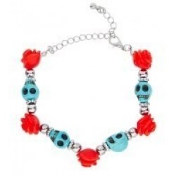 PULSERA CALAVERAS AZULES C/ROSAS ROJA