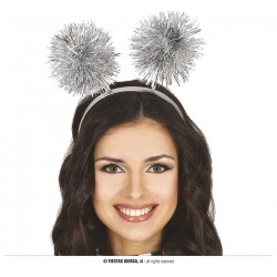   DIADEMA ANTENA POMPON ESPUM PLATA