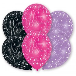 6 GLOBOS 11" LATEX BIRTHDAY NGR/ROS/LILA